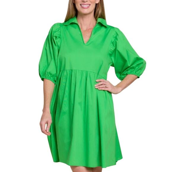 Sofia Made in Italy Fleur Dress Apple Green Mini Puff Sleeve OS Cotton Blend - Picture 10 of 10